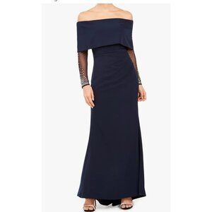 Vince Camuto Navy Blue Off-The-Shoulder Gown With Embellished Mesh Sleeves Size